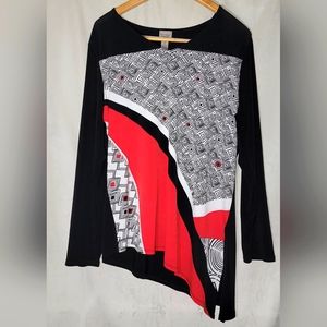 Chicos Women Size Large 2 Top Tunic Asymmetrical burgund V Neck long Slve